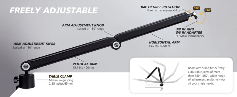 Suporte de Microfone de Suspensão Pesada Ajustável para SM7B K688 K658 AM8 Microfone Condensador - Braço Articulado para Estúdio de Gravação.