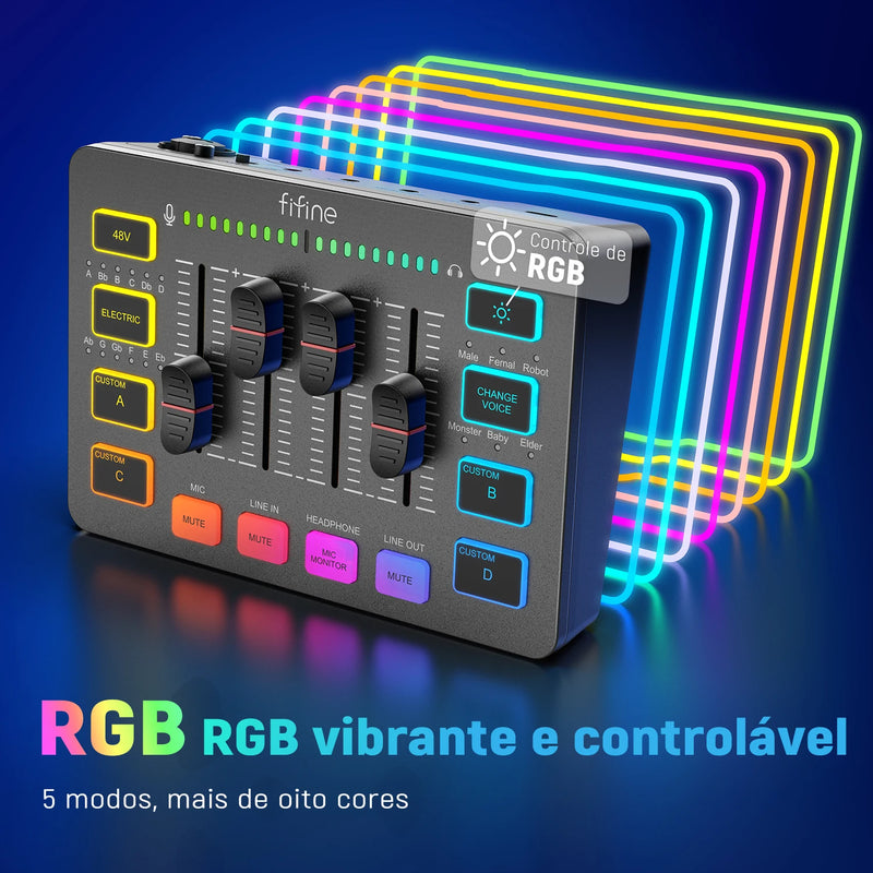 FIFINE Mixer de Áudio para Jogos, Mixer RGB de 4 Canais com Interface de Microfone XLR, para Voz de Jogo, Podcast, AmpliGame SC3