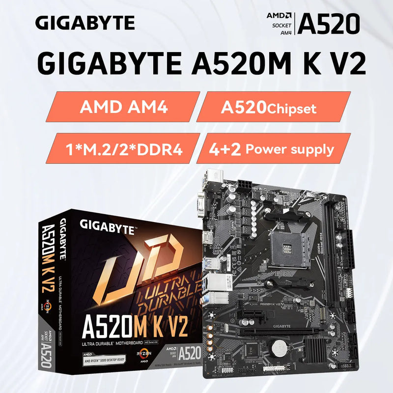 Placa-mãe GIGABYTE A520M K V2 AMD AM4 para processadores Ryzen 3/4/5, DDR4 64GB, PCI-E 3.0 16X, SATA 3.0, M.2 VGA, Realtek® GbE