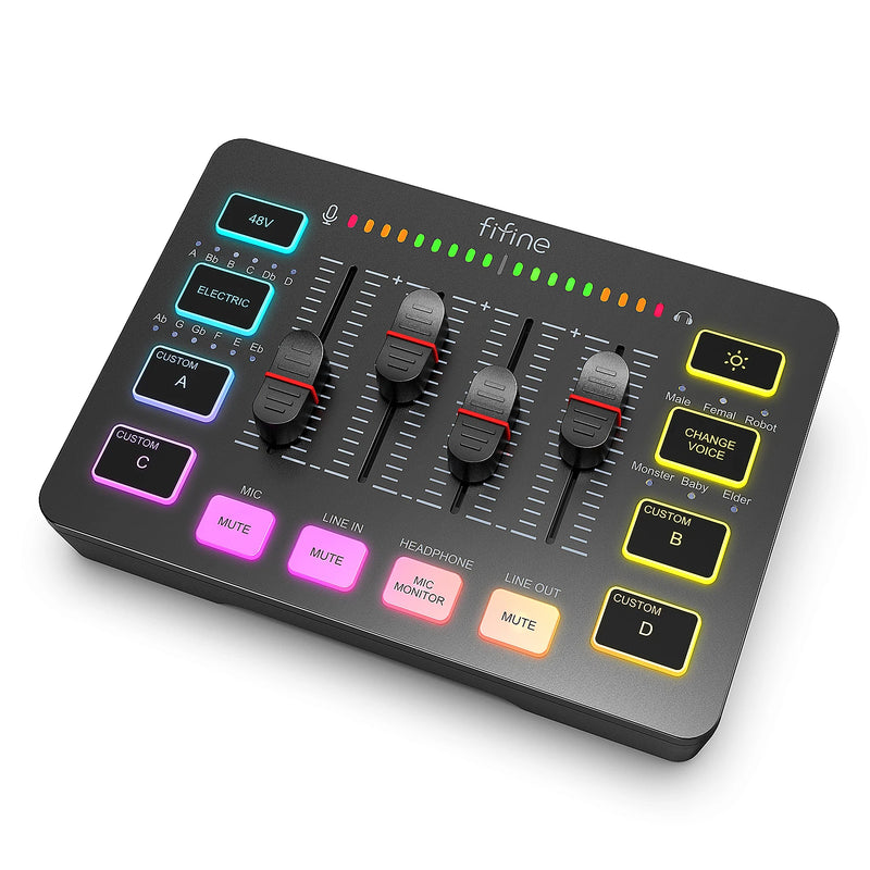 FIFINE Mixer de Áudio para Jogos, Mixer RGB de 4 Canais com Interface de Microfone XLR, para Voz de Jogo, Podcast, AmpliGame SC3