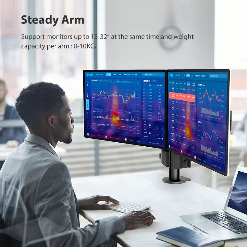 Suporte de Monitor BEWISER com Braço Duplo para Mesa, Suporta Telas Duplas de 13 a 32 Polegadas, Altura Ajustável, Giro em Qualquer Ângulo