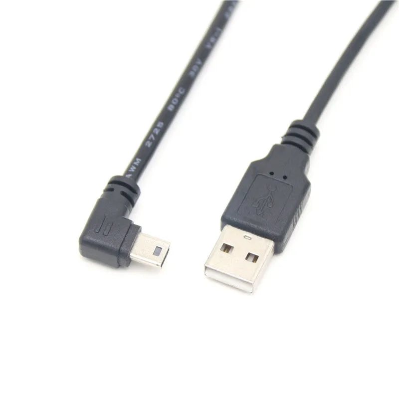 Cabo de Dados Mini USB com Curva de 90 Graus – Conector em T (V3) para Carga e Transferência de Dados, com opções de curva para cima, para baixo, à esquerda e à direita.