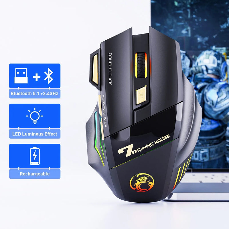 Mouse Gamer Sem Fio IMICE GW-X7 3200DPI, Dual Mode, Recarregável, 7 Teclas, 2.4GHz, Silencioso, Bluetooth, LED Respirante 7 Cores