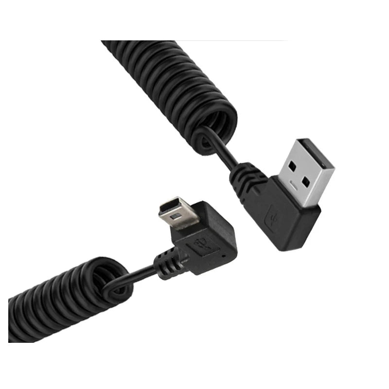 Cabo de Dados Mini USB com Curva de 90 Graus – Conector em T (V3) para Carga e Transferência de Dados, com opções de curva para cima, para baixo, à esquerda e à direita.