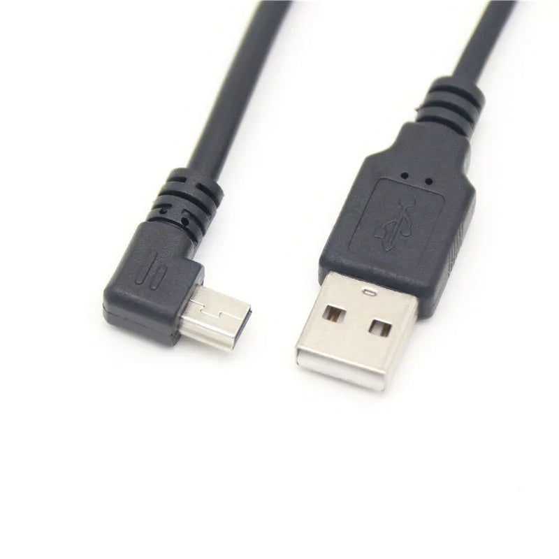 Cabo de Dados Mini USB com Curva de 90 Graus – Conector em T (V3) para Carga e Transferência de Dados, com opções de curva para cima, para baixo, à esquerda e à direita.