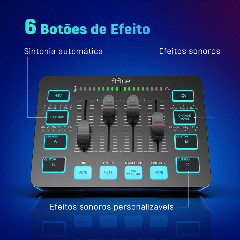 FIFINE Mixer de Áudio para Jogos, Mixer RGB de 4 Canais com Interface de Microfone XLR, para Voz de Jogo, Podcast, AmpliGame SC3