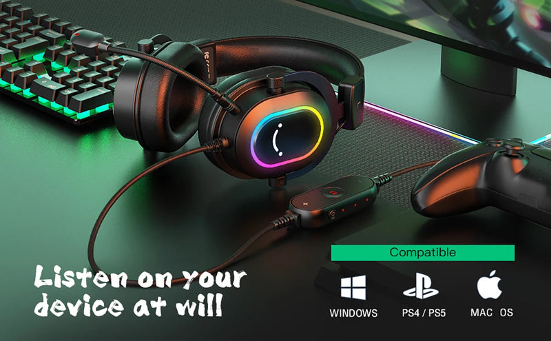 Fone de Jogos Fifine Dinâmico RGB com Microfone - Headset Over-Ear, Som Surround 7.1, Compatível com PC, PS4, PS5, 3 Opções de EQ (Jogo, Filme, Música)