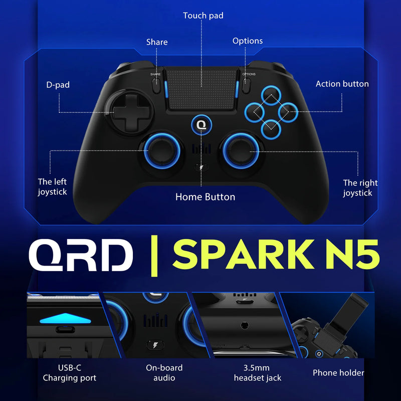 QRD Spark N5 Wireless Controller forPS5 PS4 PS3 IOS Android PC Hall Effect 9-color LED lights Vibration effect PS4 Gamepad