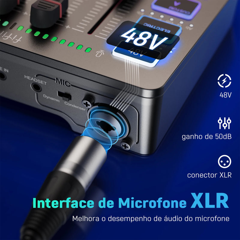 FIFINE Mixer de Áudio para Jogos, Mixer RGB de 4 Canais com Interface de Microfone XLR, para Voz de Jogo, Podcast, AmpliGame SC3