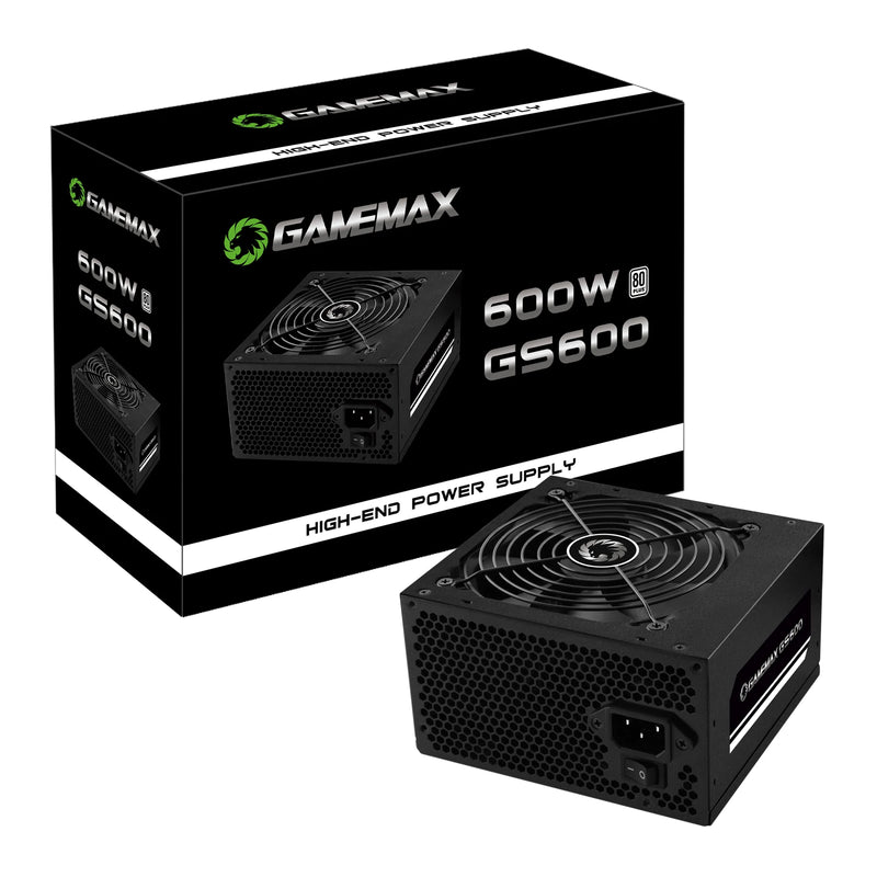 Fonte de Alimentação Gamemax GS600: 600W, 80 Plus, PFC Ativo, Design Preto. Ideal para PCs de escritório e jogos