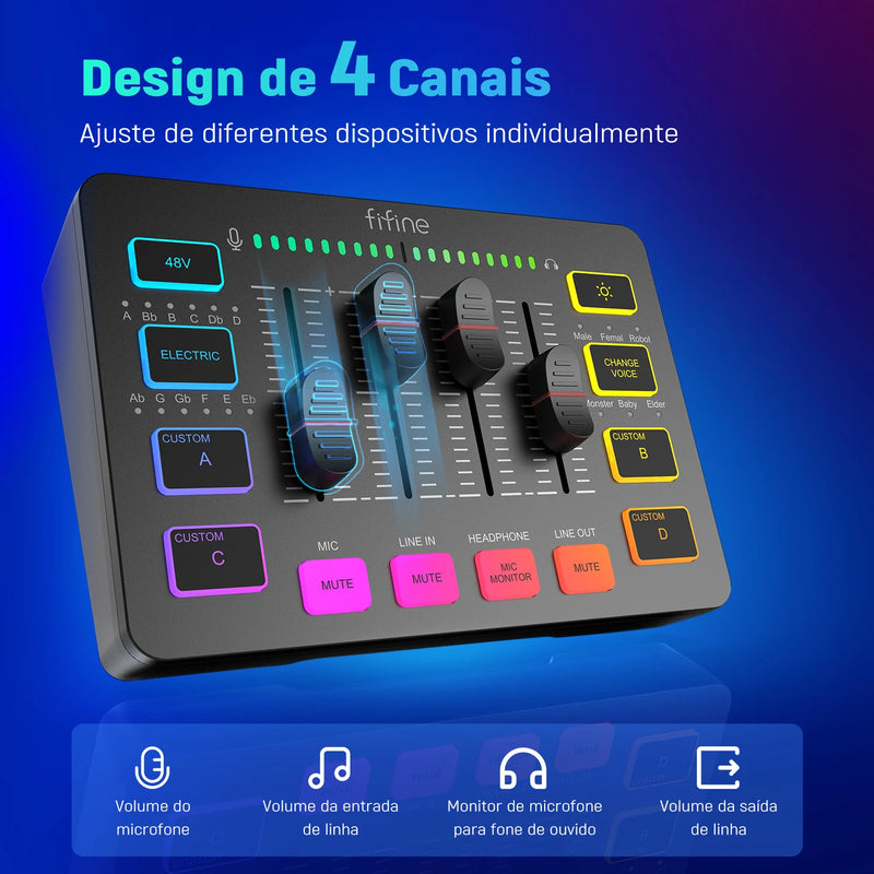 FIFINE Mixer de Áudio para Jogos, Mixer RGB de 4 Canais com Interface de Microfone XLR, para Voz de Jogo, Podcast, AmpliGame SC3