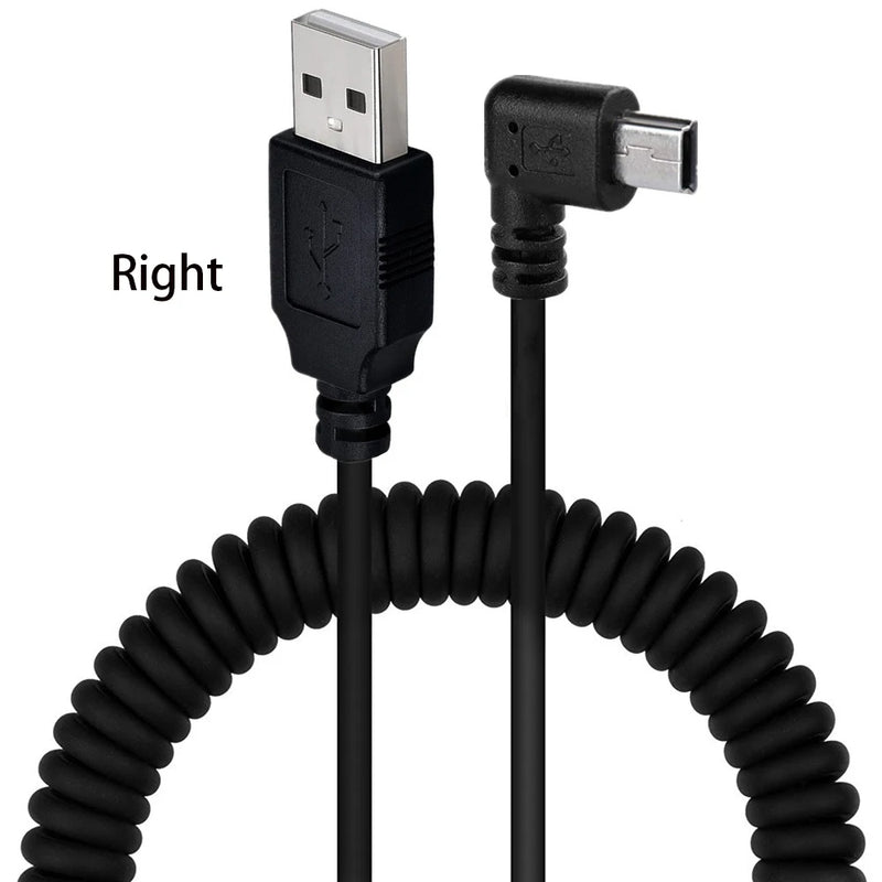 Cabo de Dados Mini USB com Curva de 90 Graus – Conector em T (V3) para Carga e Transferência de Dados, com opções de curva para cima, para baixo, à esquerda e à direita.