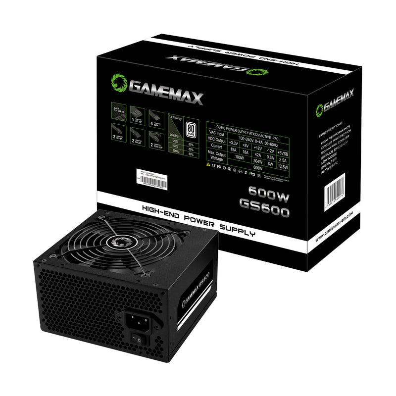 Fonte de Alimentação Gamemax GS600: 600W, 80 Plus, PFC Ativo, Design Preto. Ideal para PCs de escritório e jogos