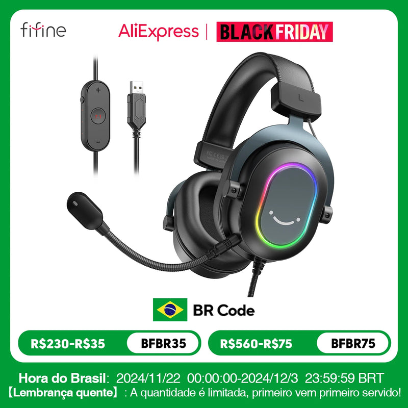 Fone de Jogos Fifine Dinâmico RGB com Microfone - Headset Over-Ear, Som Surround 7.1, Compatível com PC, PS4, PS5, 3 Opções de EQ (Jogo, Filme, Música)