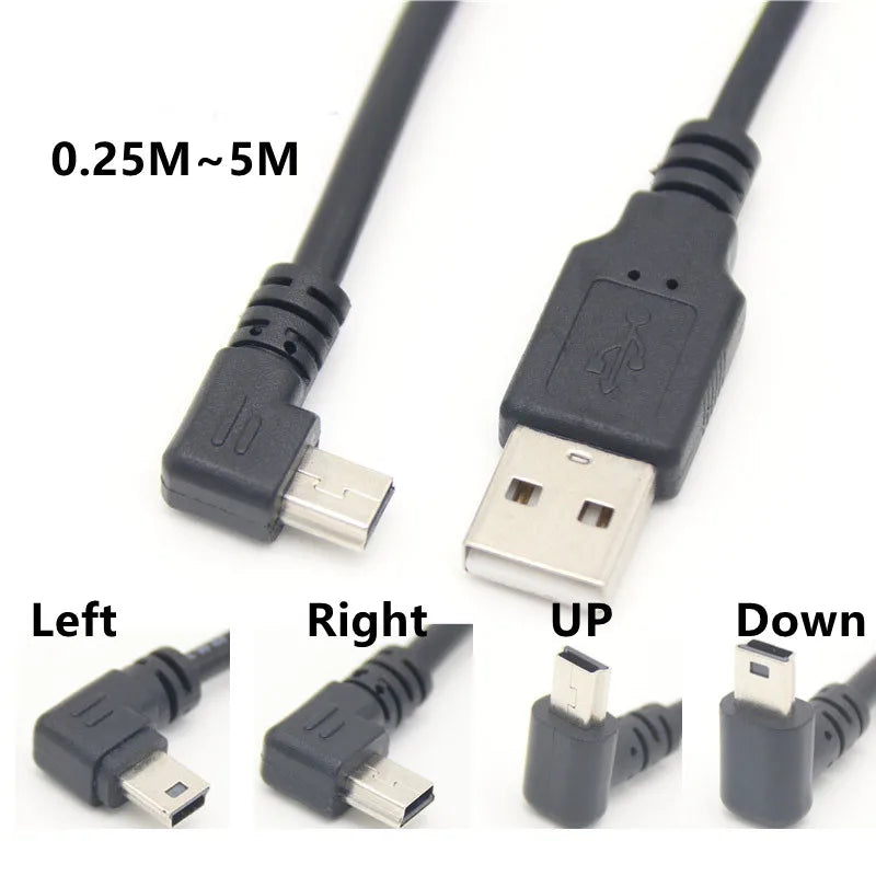 Cabo de Dados Mini USB com Curva de 90 Graus – Conector em T (V3) para Carga e Transferência de Dados, com opções de curva para cima, para baixo, à esquerda e à direita.