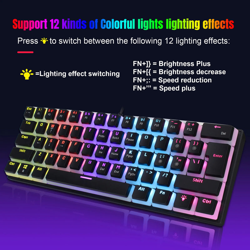 Teclado de jogo mini 60%, RGB, compacto, à prova d'água, 61 teclas para gamers de PC/Mac