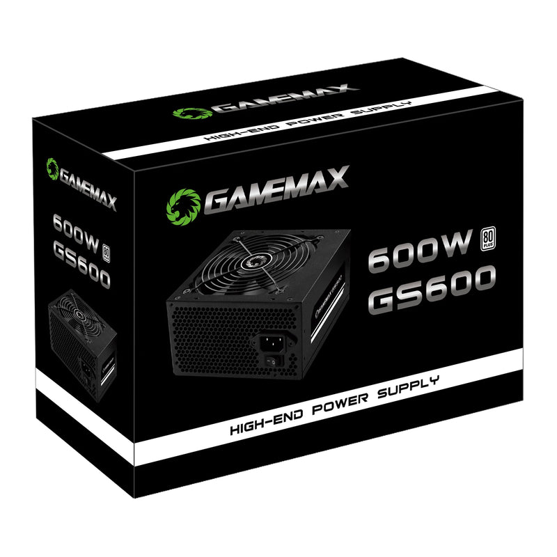 Fonte de Alimentação Gamemax GS600: 600W, 80 Plus, PFC Ativo, Design Preto. Ideal para PCs de escritório e jogos