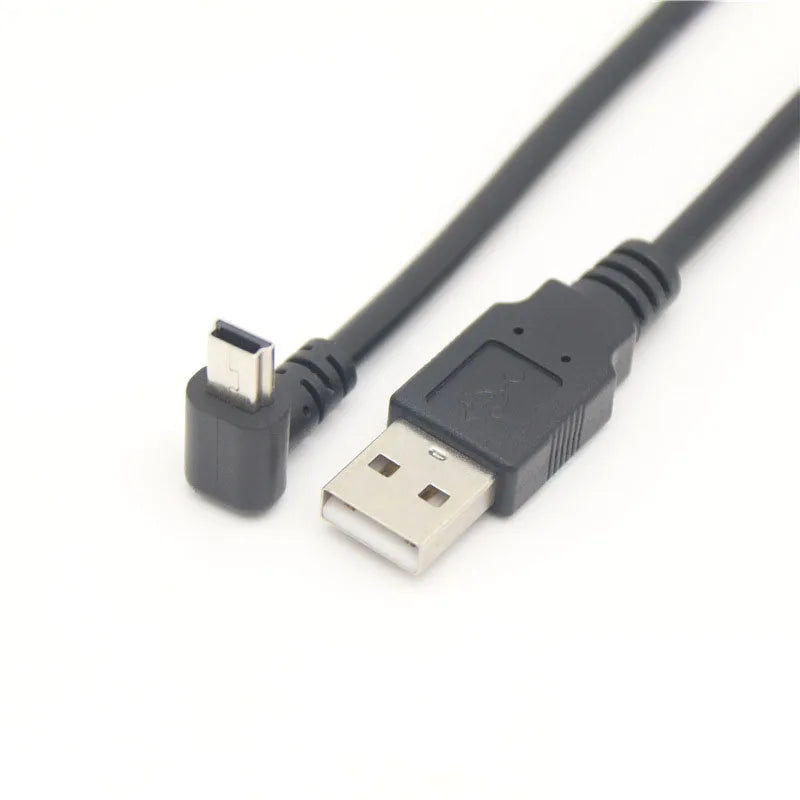 Cabo de Dados Mini USB com Curva de 90 Graus – Conector em T (V3) para Carga e Transferência de Dados, com opções de curva para cima, para baixo, à esquerda e à direita.