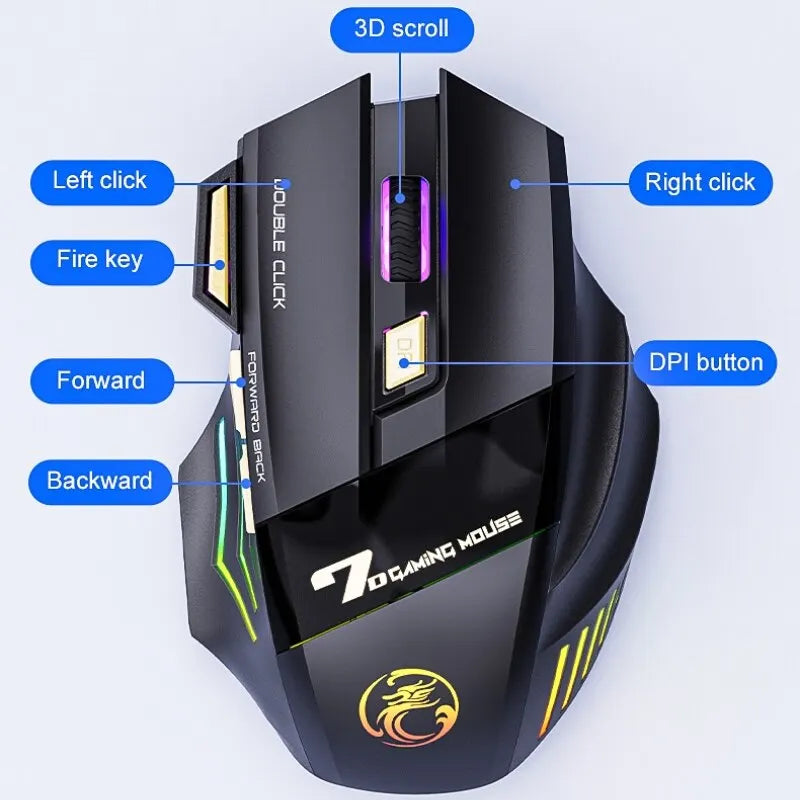 Mouse Gamer Sem Fio IMICE GW-X7 3200DPI, Dual Mode, Recarregável, 7 Teclas, 2.4GHz, Silencioso, Bluetooth, LED Respirante 7 Cores