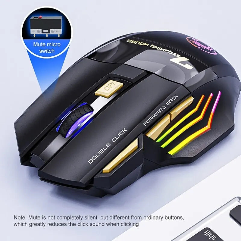 Mouse Gamer Sem Fio IMICE GW-X7 3200DPI, Dual Mode, Recarregável, 7 Teclas, 2.4GHz, Silencioso, Bluetooth, LED Respirante 7 Cores