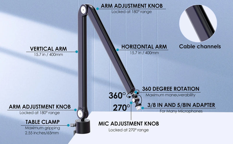 Suporte de Microfone de Suspensão Pesada Ajustável para SM7B K688 K658 AM8 Microfone Condensador - Braço Articulado para Estúdio de Gravação.