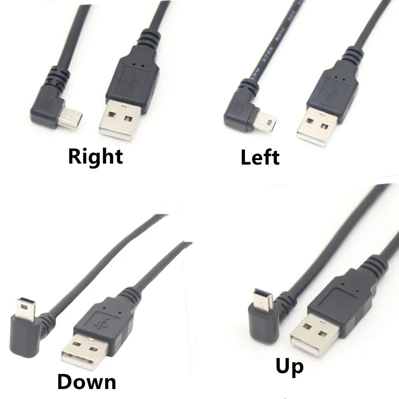 Cabo de Dados Mini USB com Curva de 90 Graus – Conector em T (V3) para Carga e Transferência de Dados, com opções de curva para cima, para baixo, à esquerda e à direita.