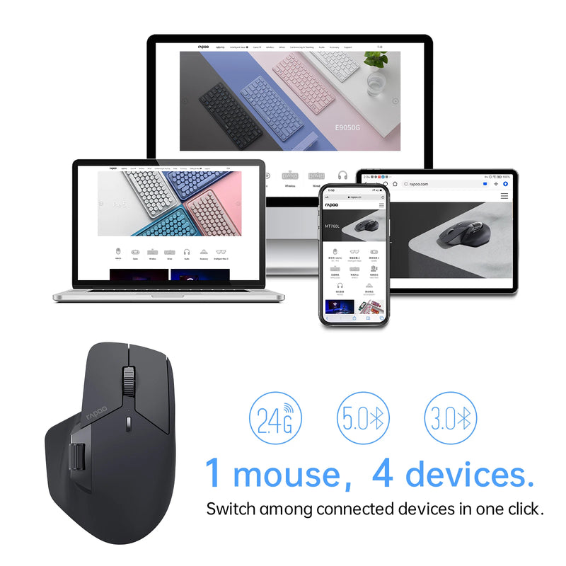 Mouse Sem Fio Rapoo MT760/MT760L/MT760Mini/MT760M – Recarregável, Multi-Modo Bluetooth, Ergonômico, 4000 DPI, Suporte para Até 4 Dispositivos