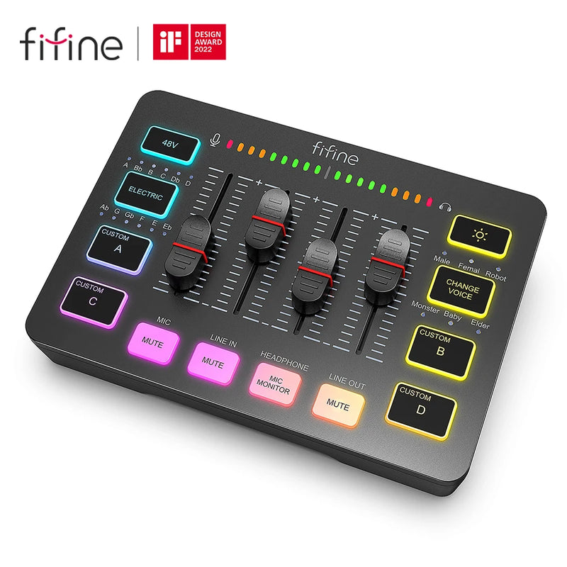 FIFINE Mixer de Áudio para Jogos, Mixer RGB de 4 Canais com Interface de Microfone XLR, para Voz de Jogo, Podcast, AmpliGame SC3